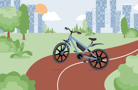 Blue bicycle in urban park vector flat illustration. Sport bike, modern personal transport in a city park.のイラスト素材