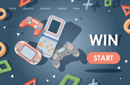 Video games landing page template. Game consoles, game controllers vector flat illustration.のイラスト素材