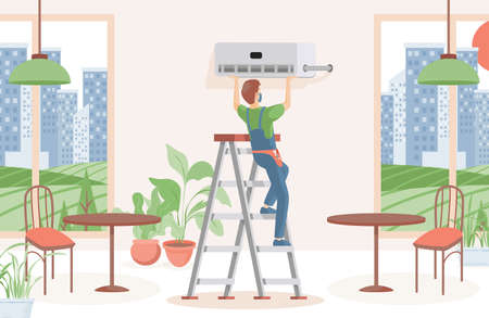 Man installing air conditioner in a restaurant or cafe vector flat illustration. Climate control, comfort living concept.のイラスト素材