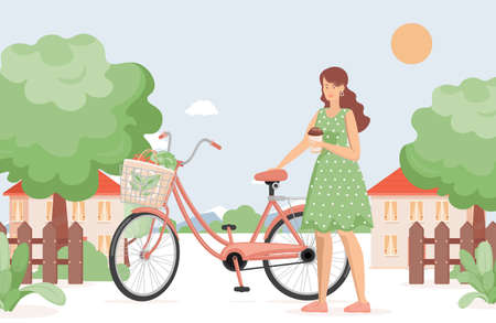 Young smiling woman with a cup of coffee standing near bicycle in country village vector flat illustration.のイラスト素材