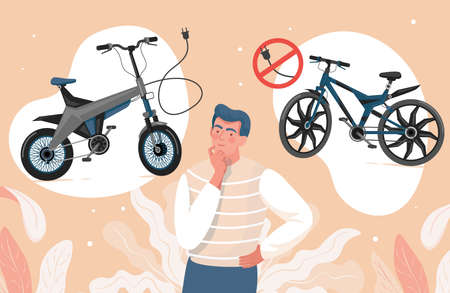 Young man choosing between electric and non-electric bicycles vector flat illustration.のイラスト素材