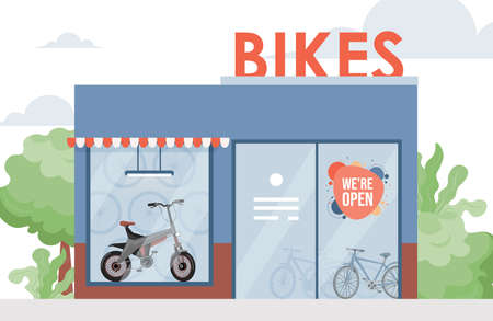 Bike shop vector flat illustration. Eco friendly personal city transport, urban transportation gadget concept.のイラスト素材