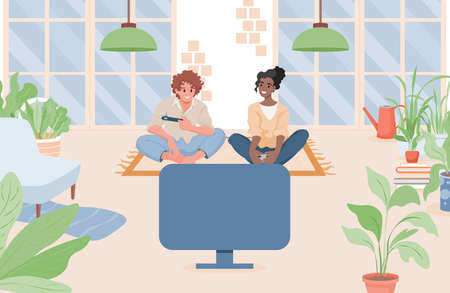 Couple sitting in the living room and playing video games on a game console vector flat illustration.のイラスト素材