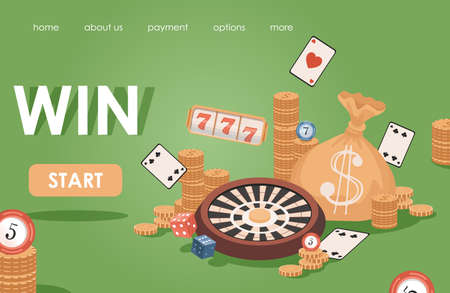 Online casino vector flat banner template. Golden coins, playing cards, slot machines, poker chips, roulette.のイラスト素材