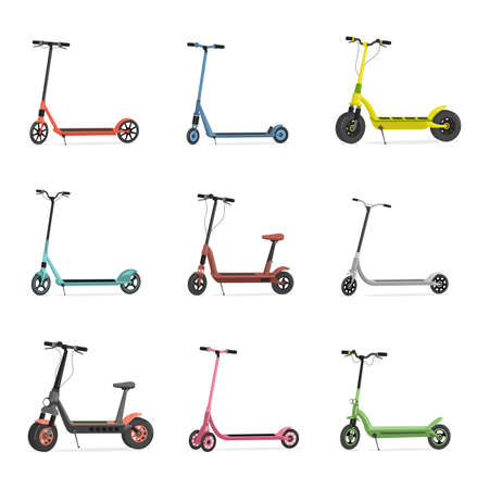 Set of electric scooters. Blue, red, pink, green, grey, and yellow scooters isolated on white background.のイラスト素材