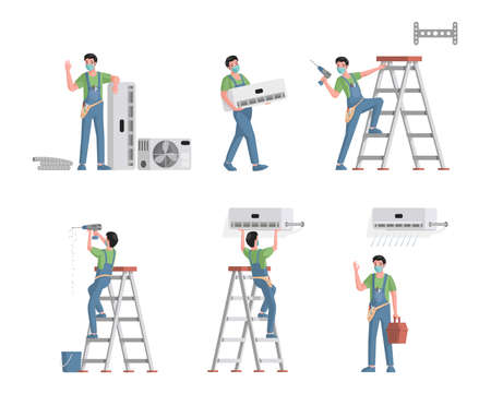 Set of air conditioners repair and installation service workers. Cleaning, replacing air filters vector flat illustration.のイラスト素材