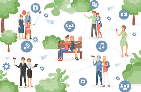 People in city park using wireless internet technology to sharing files to each other vector flat illustration.のイラスト素材