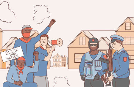 Men protesting against racism and racial discrimination vector cartoon outline illustration.のイラスト素材