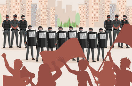 Police officers in uniform against protesting people vector flat illustration. People protest against injustice.のイラスト素材