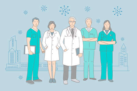 Group of doctors and nurses standing on the background of pandemic city vector cartoon outline illustration.のイラスト素材