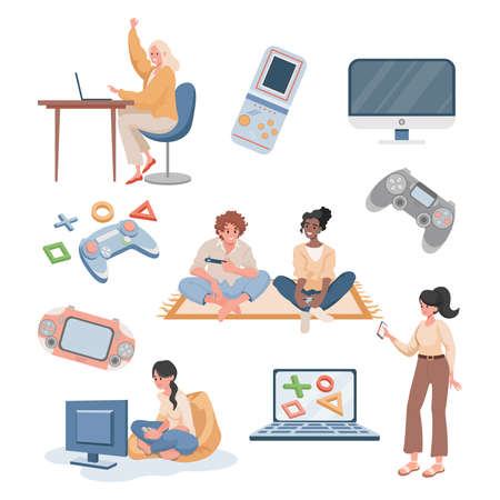 Young happy people playing video games and streaming vector flat illustration isolated on white background.のイラスト素材