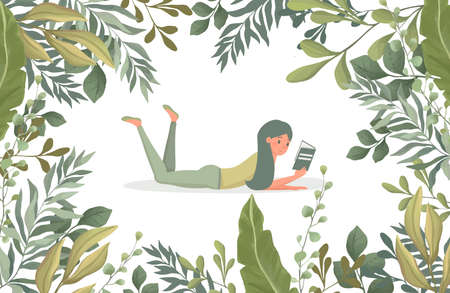 Woman reading a book surrounded by green leaves vector flat illustration. Floral border frame template.のイラスト素材