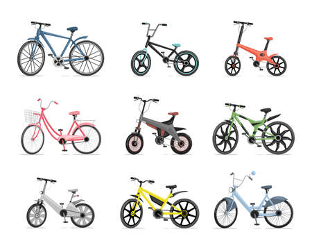 Set of different bicycles. Blue, red, pink, green, grey, and yellow bikes isolated on white background.のイラスト素材