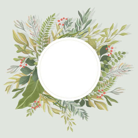 Green leaves round frame template. Foliage, branches vector flat illustration. Invitation, wedding card template.のイラスト素材