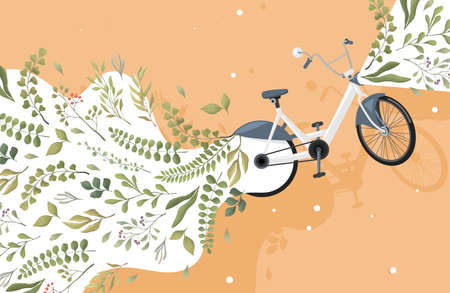 Modern green and eco friendly city transport vector flat concept. Bicycle and green leaves illustration.のイラスト素材