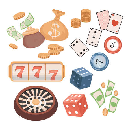 Casino items vector flat illustration. Roulette, golden coins, money, slot machine, poker chips, playing cards, dices.のイラスト素材