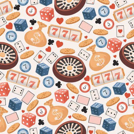 Gambling games vector seamless pattern. Roulette, golden coins, poker chips, playing cards flat illustration.のイラスト素材