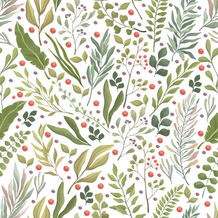 Green leaves, branches, and red berries seamless pattern. Summer or autumn foliage vector flat backdrop.のイラスト素材