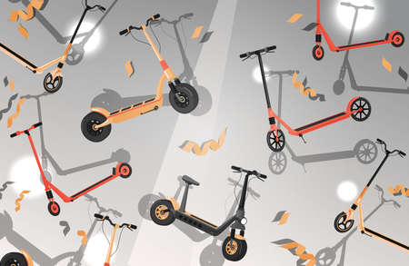 Bright vector flat banner with red and yellow electric scooters. Eco friendly modern city transport.のイラスト素材