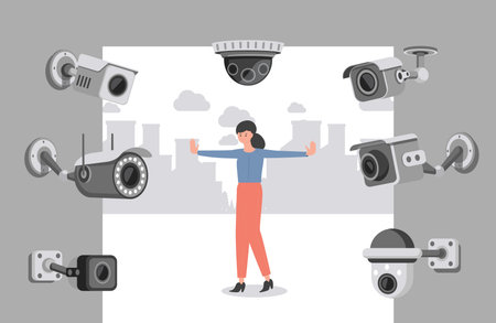 Security cameras scanning young woman vector flat illustration. Face recognition of young girl.のイラスト素材