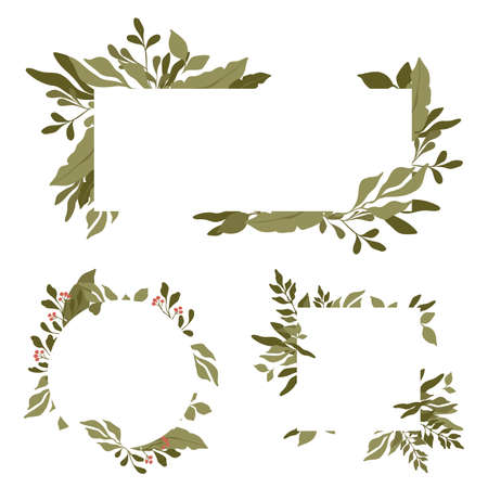 Set of rectangular borders with text space in the center. Green leaves round and rectangle vector frames.のイラスト素材