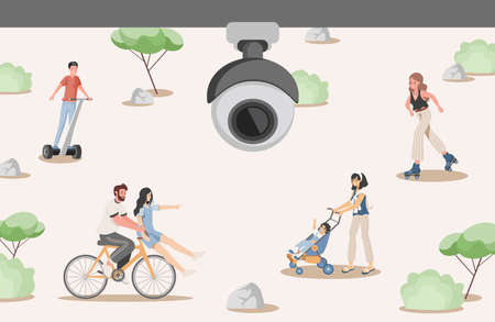 Security system in city park vector flat illustration. CCTV camera filming happy people walking in urban park.のイラスト素材