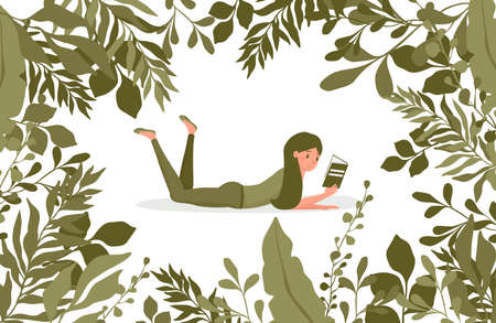 Woman reading a book surrounded by green leaves vector flat illustration. Floral border frame template.のイラスト素材