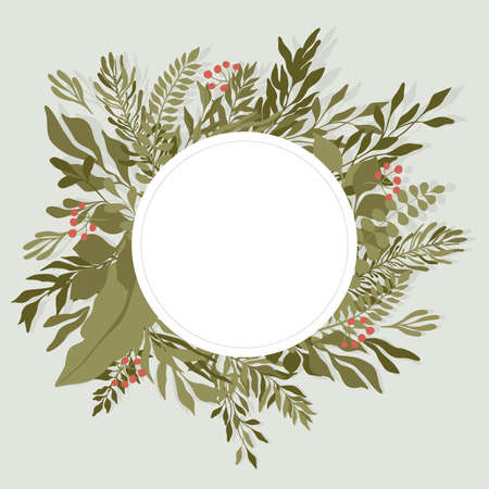 Green leaves round frame template. Foliage, branches vector flat illustration. Invitation, wedding card template.のイラスト素材