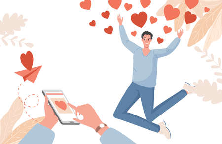 Social media or dating application vector flat illustration. Hands with smartphone put like in mobile application.のイラスト素材