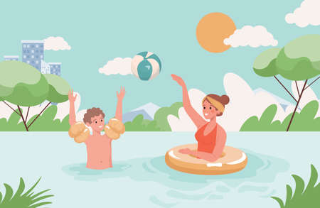 Mother and son playing ball in lake vector flat illustration. Boy and woman in swimming suits swim in the pond.のイラスト素材