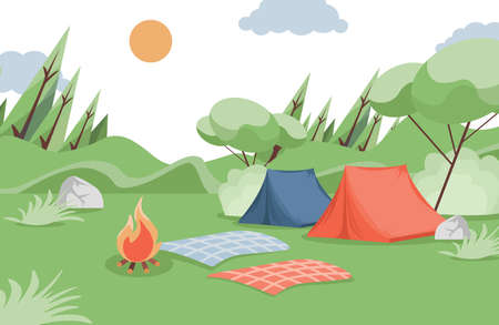 Summer camping vector flat illustration. Camping tents, blankets, and bonfire in the glade in forest.のイラスト素材