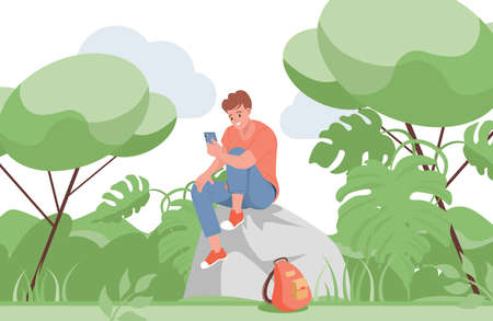 Boy sitting on the rock and speaking on smartphone. Young man using video call vector flat illustration.のイラスト素材
