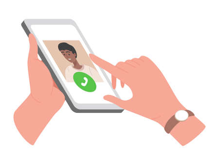 Hands holding smartphone with incoming call vector flat illustration. Boy making call. People using video call app.のイラスト素材