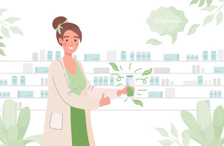 Pharmacist advertises an organic medicine or bio dietary supplement vector flat illustration.のイラスト素材