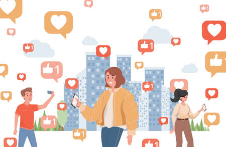 Smiling young women and boy using social media vector flat illustration. Social network rating concept.のイラスト素材