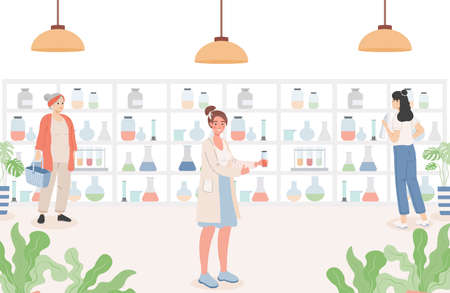 People in pharmacy vector flat illustration. Drugstore interior. Women standing near shelves with drugs.のイラスト素材