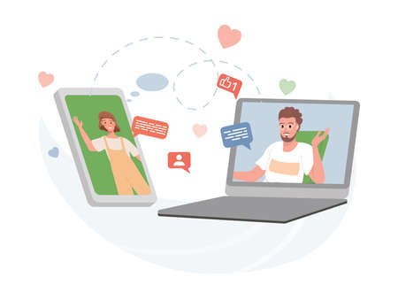 Dating application, video call application, or messenger vector flat illustration. Man and young girl speaking.のイラスト素材