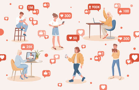 People using social media vector flat illustration. Happy smiling men and women gain subscribers and likes.のイラスト素材