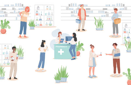 Men and women buying drugs in the drugstore vector flat illustration. Healthcare, apothecary design concept.のイラスト素材