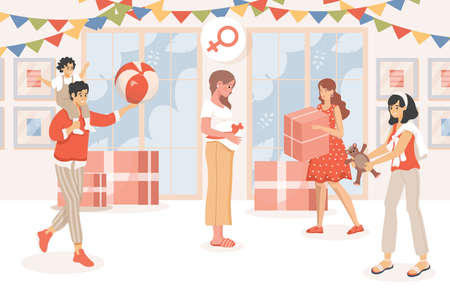 Baby shower party vector flat illustration. Pregnant woman celebrates pregnancy. Friend and family congratulate.のイラスト素材