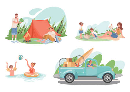 Set of summer vacation activities. Happy smiling people camping, swimming, have a picnic outdoor on nature.のイラスト素材