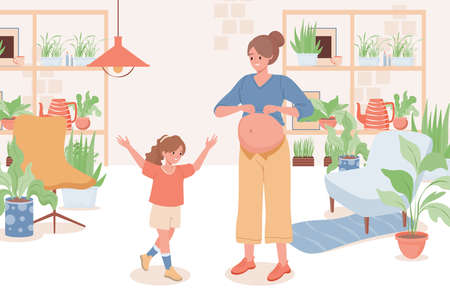 Mother telling her daughter about pregnancy vector flat illustration. Girl happy about the future brother or sister.のイラスト素材