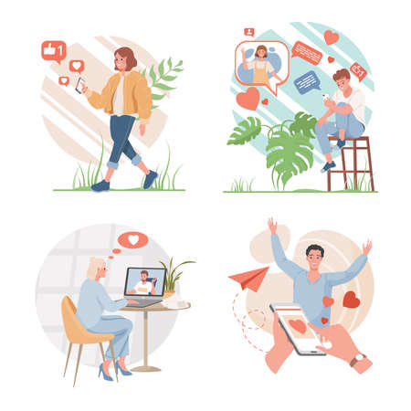 Social media or dating application design concept. Happy men and women using internet to communicate.のイラスト素材