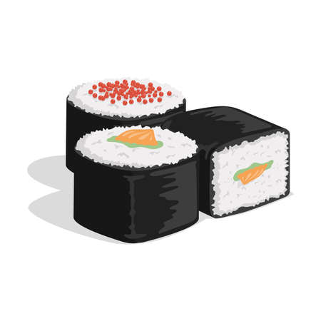 Sushi roll with nori, rice, salmon and caviar. Japanese cuisine, traditional food vector flat cartoon illustration.のイラスト素材