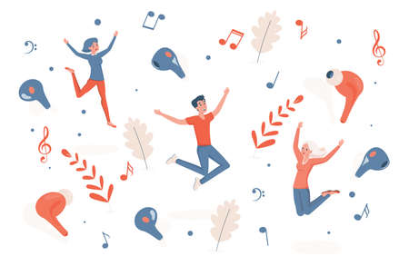 Happy smiling people in modern clothes joying of wireless headphones vector flat illustration.のイラスト素材