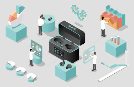 Scientists developing wireless headphones vector isometric illustration. Scientists analyzing charging case.のイラスト素材