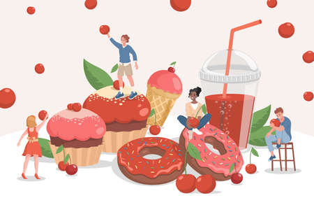 Sweet dessert vector flat cartoon banner concept. Happy smiling people with cupcakes, doughnuts, and soda drink.のイラスト素材