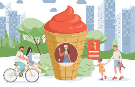 Ice cream shop vector flat illustration. Happy smiling people walking in city park and going to the ice cream stand.のイラスト素材