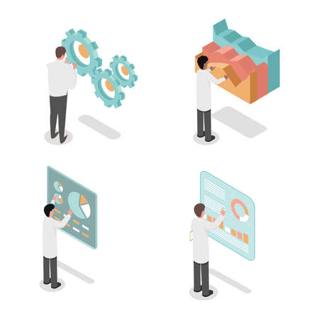 People developing, make inventions and analyzing data vector isometric 3d illustration. Scientists making diagrams.のイラスト素材