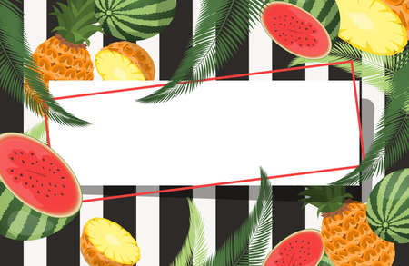 Bright and colorful fruits frame. Watermelons, pineapples vector cartoon illustration. Tropical exotic fruits border.のイラスト素材